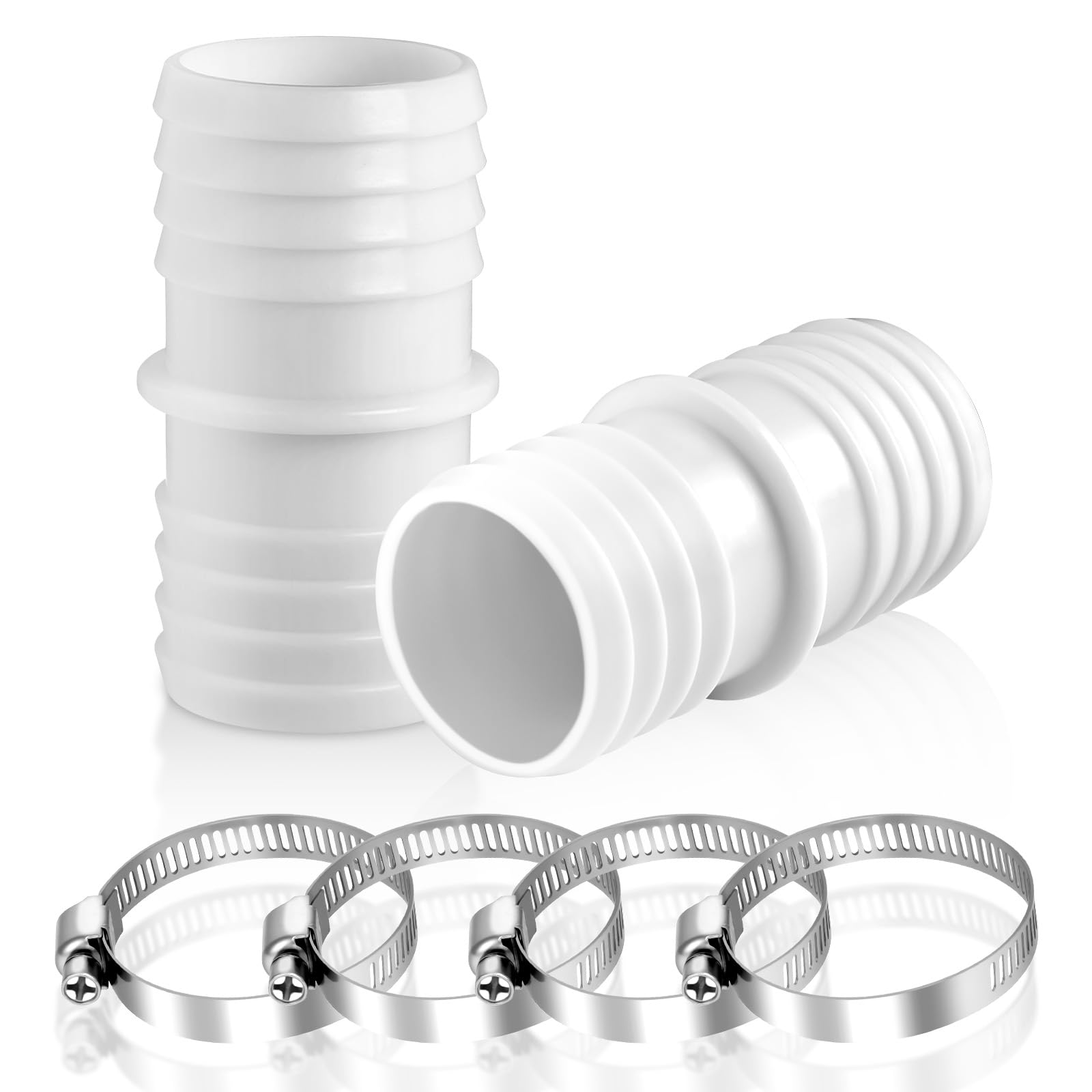 Adaptador Manguera Piscina 38 mm a 38 mm, 2 Piezas Conectores de Manguera, Conector para Manguera de Piscina,Boquilla de Manguera Doble, Adaptadores Bomba De Agua con 4 Abrazaderas (Blanco)