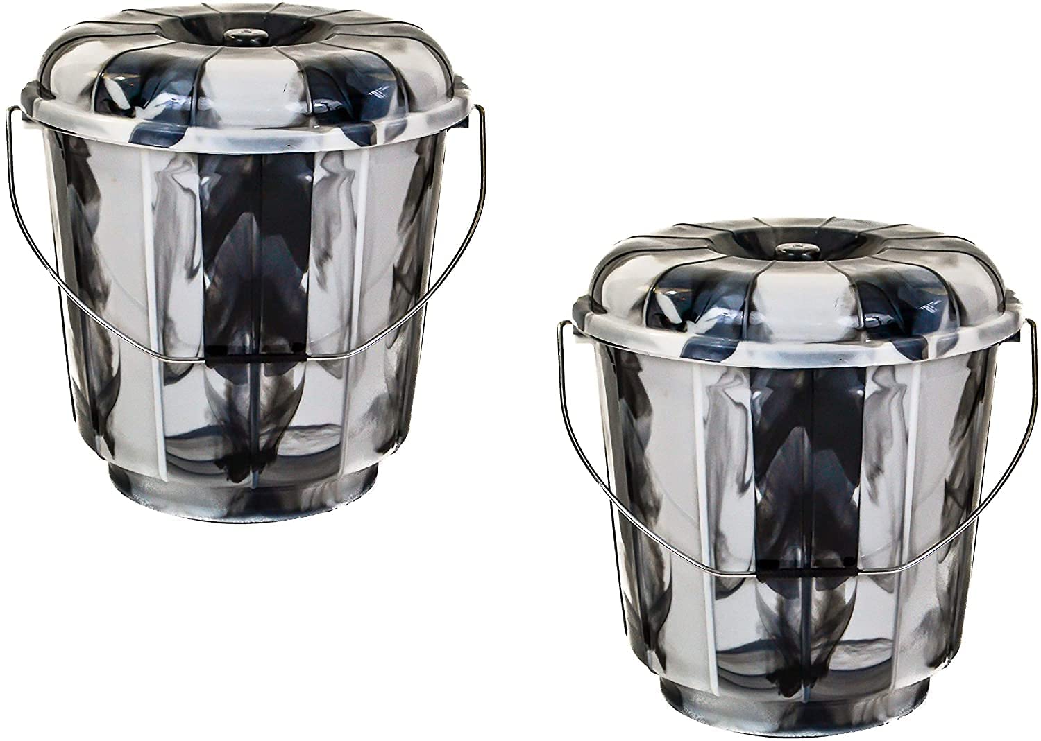 (Set of 2) - 3L Litre Plastic Tie Dye Design Buckets with Lid and Metal Handle Multipurpose Storage Bucket Hard Wearing Bucket for Garden Home Cleaning Camping Fishing Travel Water Storage (Black)