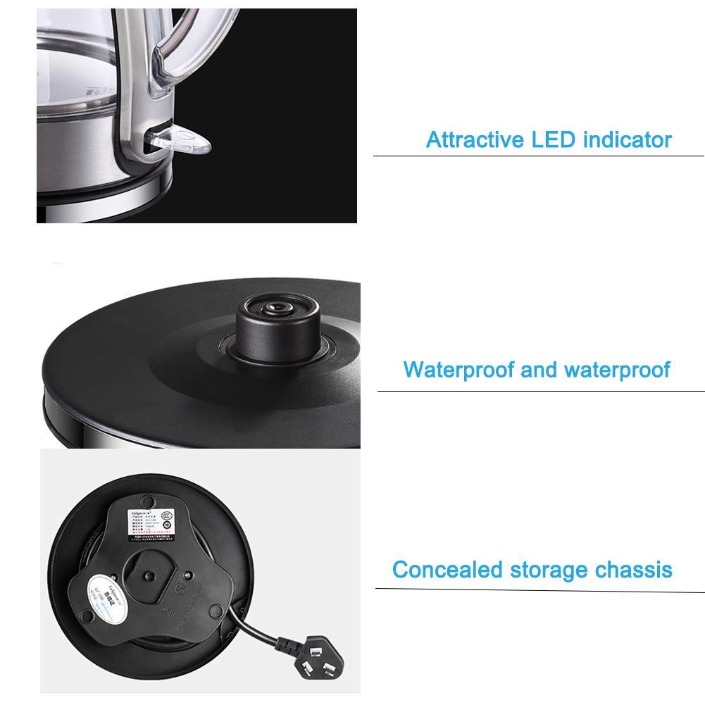 WYZQ Bollitore Elettrico in Vetro da 1,2 Litri, Bollitore Illuminato a LED Ecologico, Bollitore Wireless Senza Bpa con Coperchio Interno e Fondo in Acciaio Inossidabile, Spegnimento Automatico a