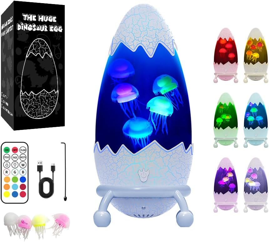 Cracked Dinosaur Egg Jellyfish Lamp, USB Powered Hatching Dino Egg Night Light with 13 Color Changing RGB LED & Auto Floating Jellyfish for Bedroom, Party, Home Decor-White