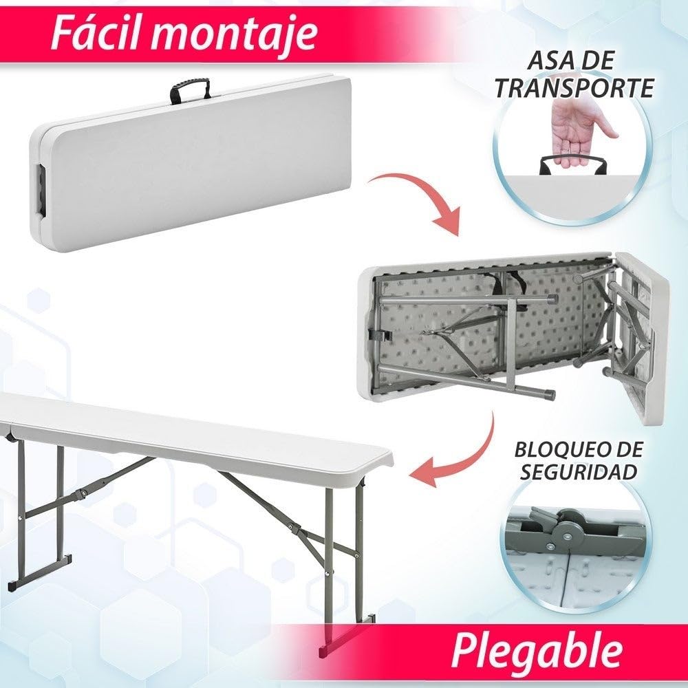 LOLAhome Set 2 Bancos Plegable, de Acero Anticorrosión y HDPE (De 181x26x42 cm) | Resistente, fácil Transporte, fácil Montaje | Ideal Acampadas, Picnic, Catering, Jardín, Terraza