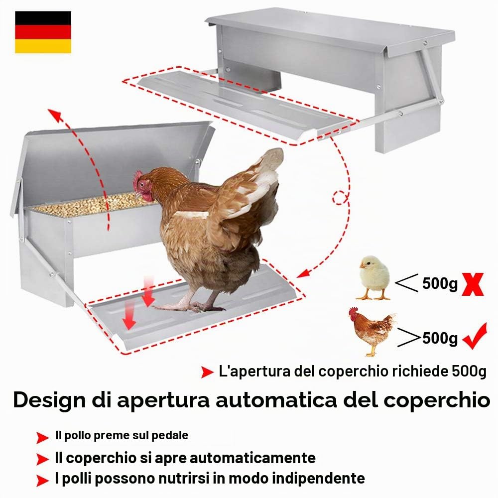 ACXIN Mangiatoia automatica per polli per 5 kg, distributore automatico di mangime per galline, con pedale auto-apribile e coperchio impermeabile, a prova di ratti