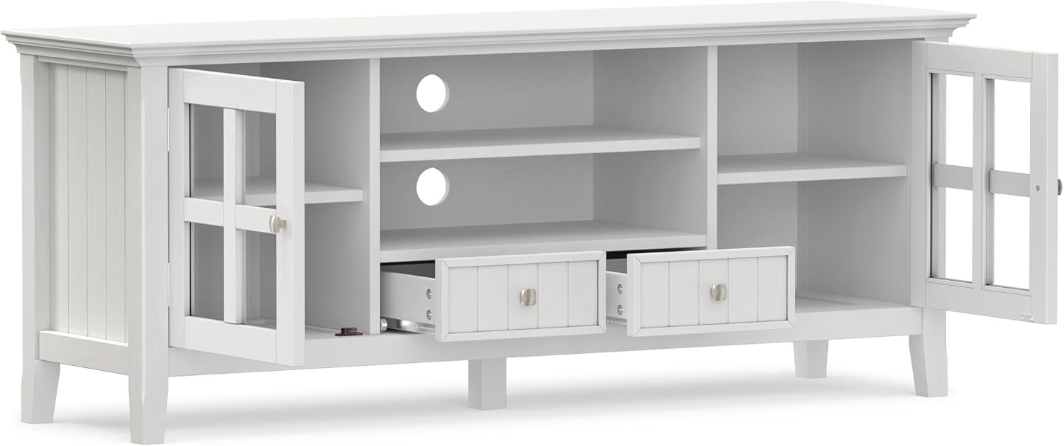 SIMPLIHOME Acadian TV Stand - 60 inch Wide Solid Wood Media Console in White, Transitional Entertainment Center for Living Room for TVs up to 65 Inches with Glass Cabinets, Drawers and Shelves