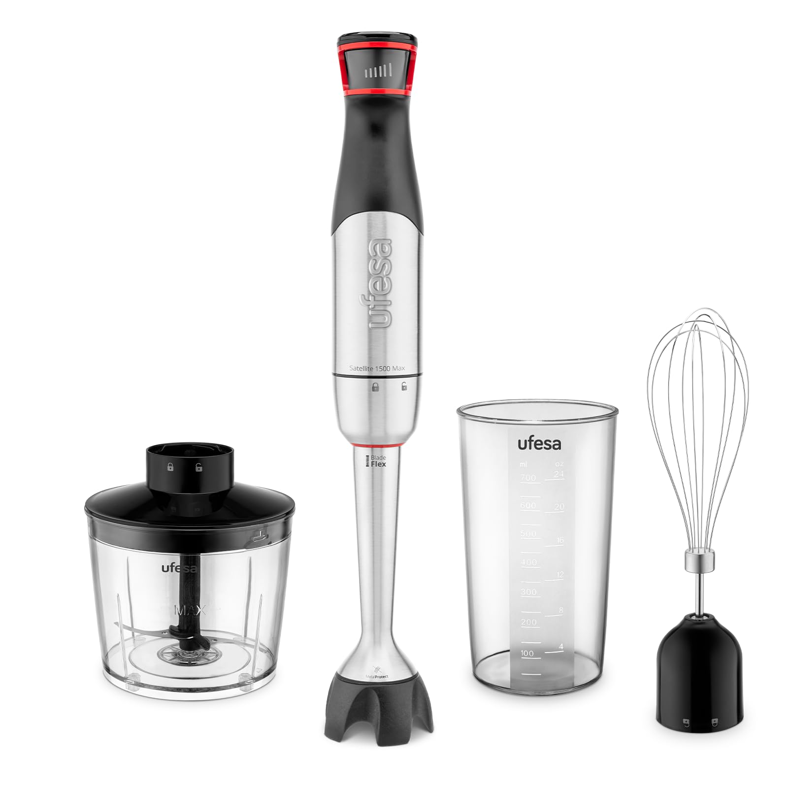 Ufesa Satellite Max, blender ręczny 1500 W, technologia BladeFlex, 4 ostrza, regulowana prędkość, TouchSpeed, ochrona przed rozpryskiwaniem, zestaw 3 w 1 z rozdrabniaczem, miotłą do emulgowania i