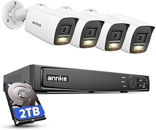 ANNKE H1200 - Sistema de cámara de seguridad de 12 MP, NVR de 12 MP H.265+ 8 canales y cámara IP de vigilancia PoE UHD de 4 x 12 megapíxeles con luz