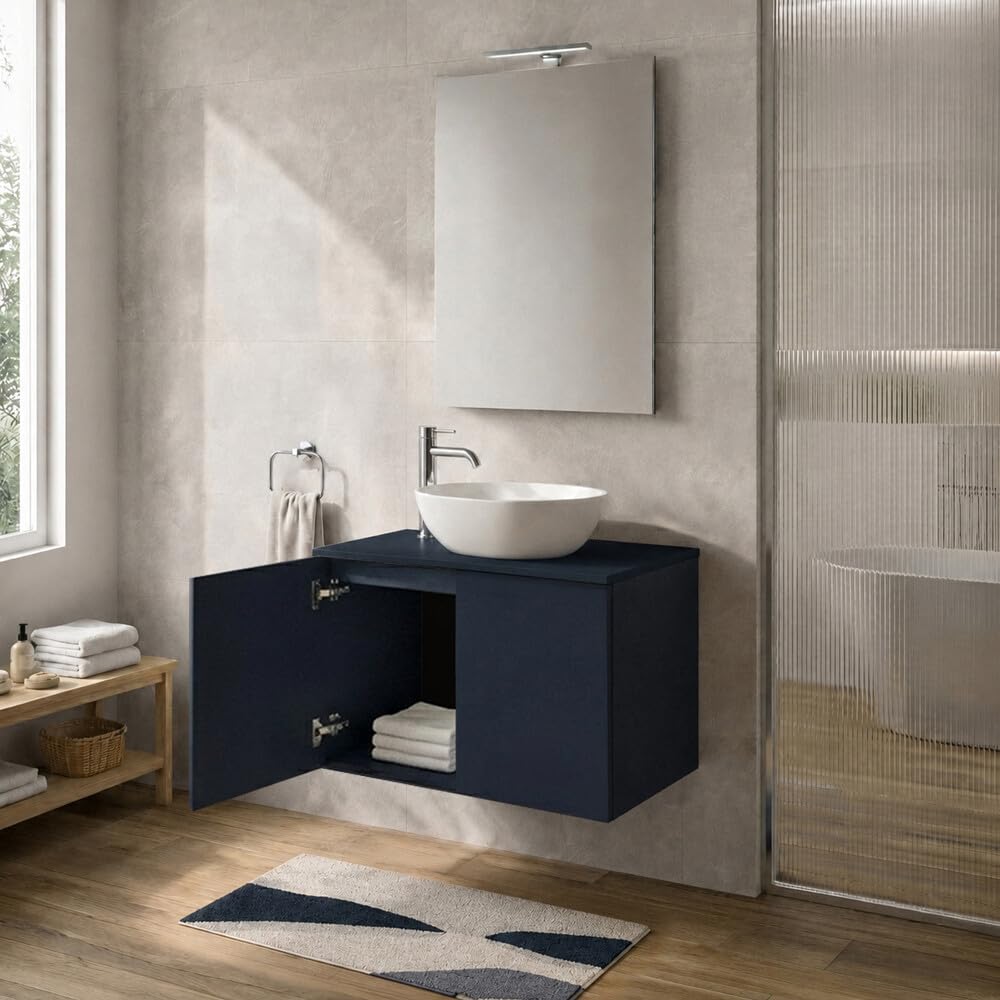 Mobile bagno sospeso 80 cm Blu con top per lavabo e 2 ante push-pull Tierra