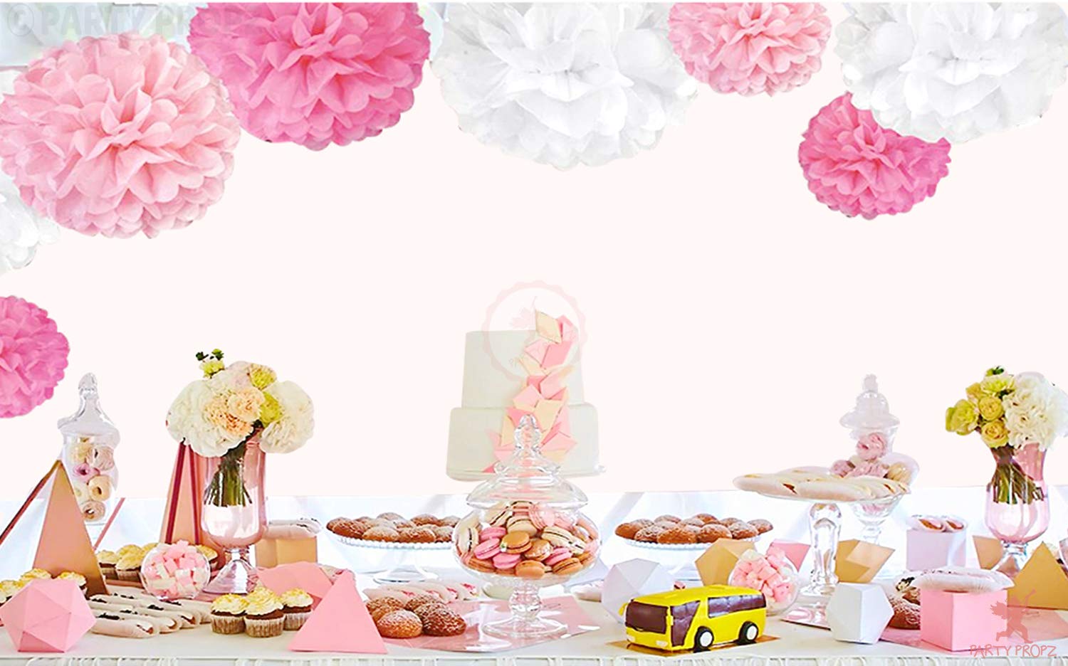 Party Propz Pom Pom for Birthday Decoration - 9 Pcs Birthday Decorations Items for Girls Pom Pom Decor | Paper Flower for Backdrop Decoration 3