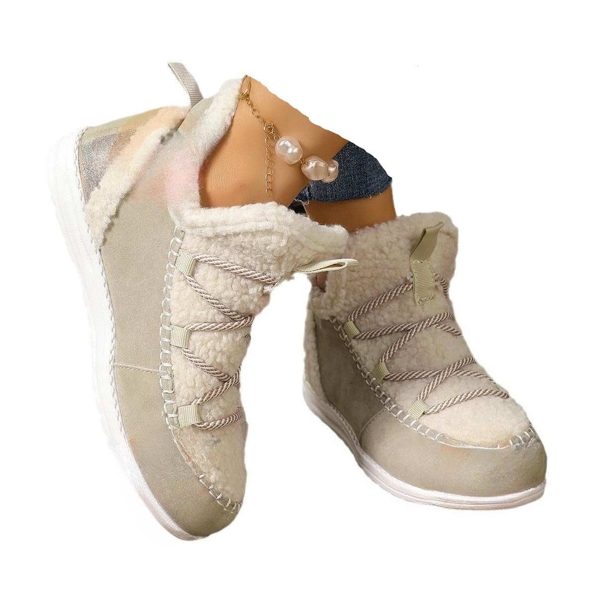 Women Shoes Rain Snow Winter Boots Warm Sherpa Faux Fur Insoles Suede Ankle Bootie Lace Up Plus Size
