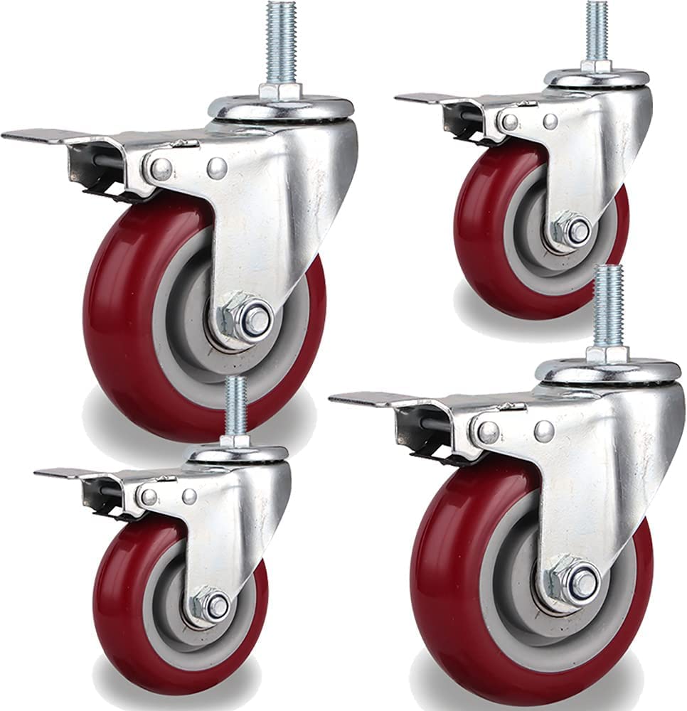 Ruedas giratorias Ruedas giratorias de Servicio Pesado de 4 Pulgadas Ruedas giratorias de PU Ruedas de vástago M12 Ruedas para Muebles con Freno, Ruedas para Banco de Trabajo con c