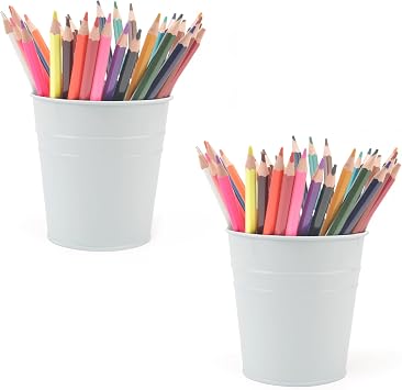 Pen Holder Cup For Desk Pencil Holder Metal Marker Pen Organizer Storage Small Tinplate Flower Pot Succulent Bucket Planters for Office Home - 2 Pack White