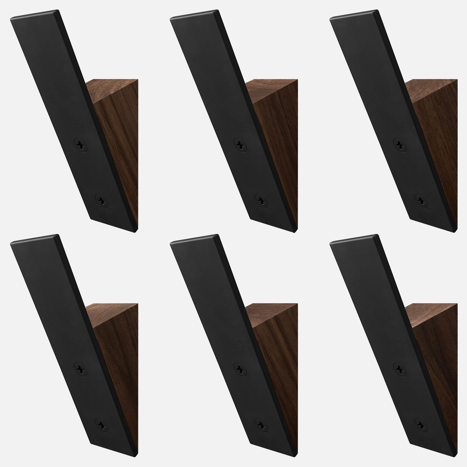 Homeforia Walnut Wood Coat Hooks, High End Walnut Wood & Black Metal Wall Mounted Coat Hooks, Mid-Century Modern Clothes Hooks, Heavy Duty Wooden Hooks for Hanging Coats, Hats, Towels & More, Set of 6