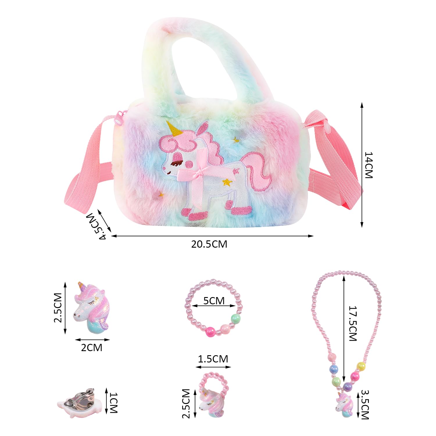Bolso de mano de animal de 1 pieza con juego de collar de 5 piezas, bolsa arco iris para niñas, regalo dulce para guardar joyas, bolso de peluche,