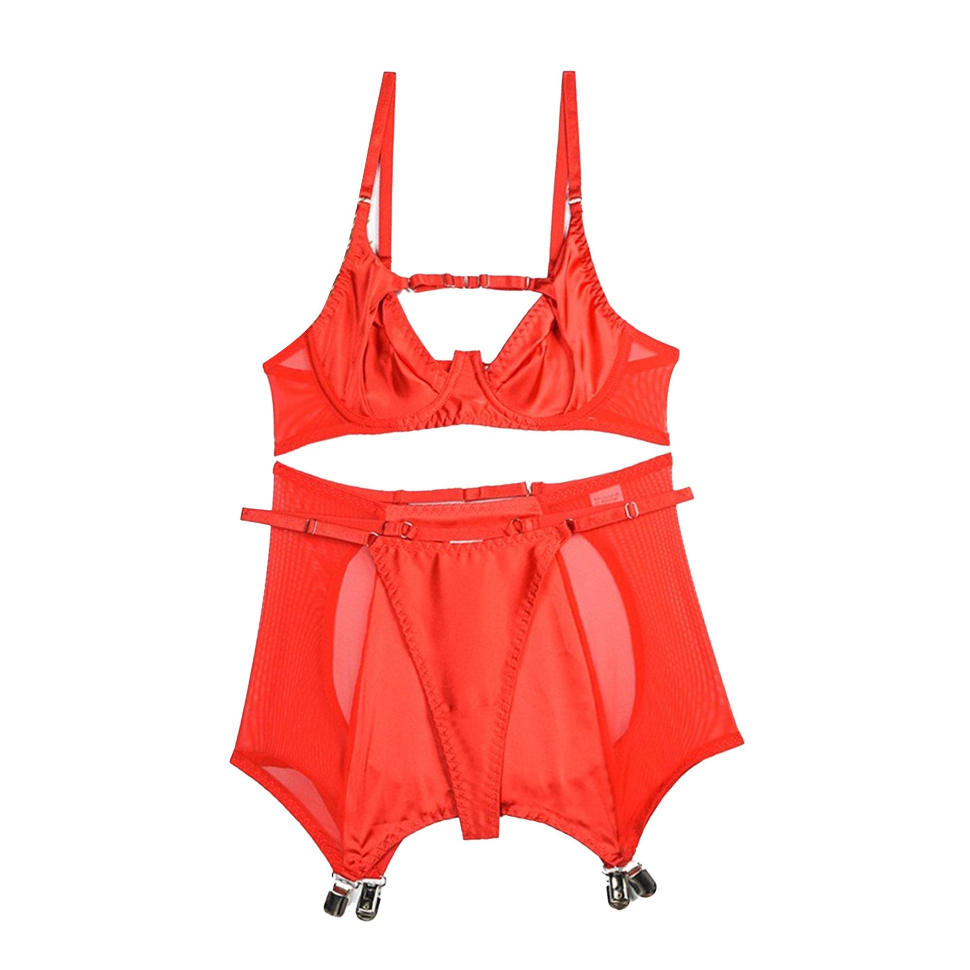 Bragas y sujetador sexy de corte para mujer, conjunto de lencería de cintura alta, conjunto de lencería transparente con liga y 4 pinzas de metal