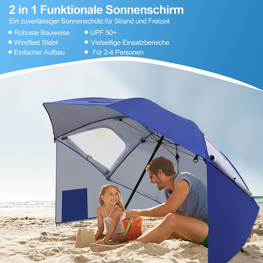 Parasol przeciwsłoneczny, namiot plażowy 2 w 1, UV50+, Ø 210 x 220 cm, dla 2-4 osób, składany, z oknem, śledziami i torbą do noszenia, ochrona przed wiatrem, na plażę, do ogrodu, na kemping