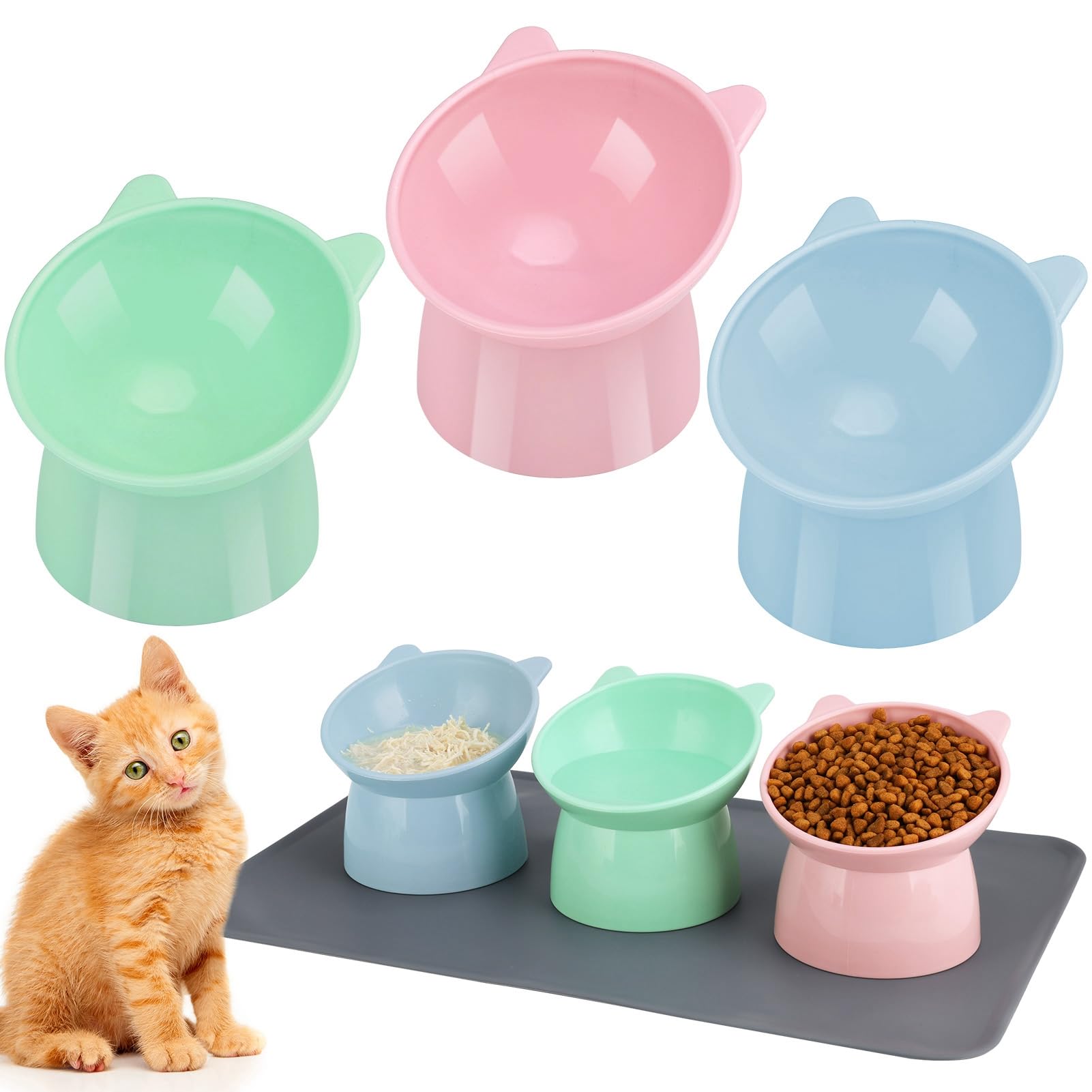 3 Pcs Elevated Cat Bowls 15° Raised Cat Bowl with Silicone Mat Whisker Friendly Anti Vomiting Cats Elevated Food and Water Bowls for Indoor Cats