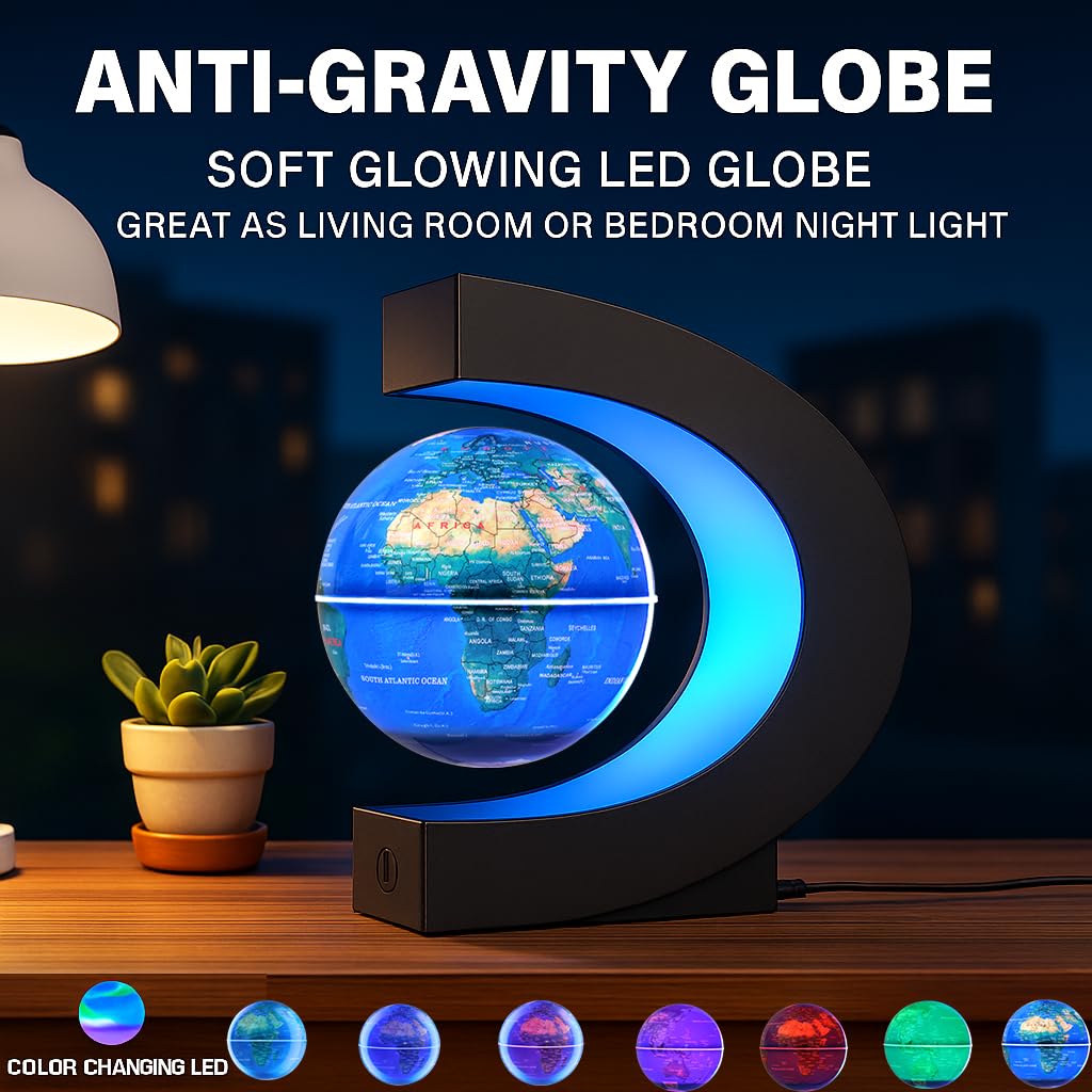 Magnetisch schwebender Globus mit 7-Farben LED Lichtern,360°rotierende schwebende Weltkartenlampe,STEM Geografie, Geschenk für Männer Ehemann Vater Kinder Geburtstag oder Feiertag