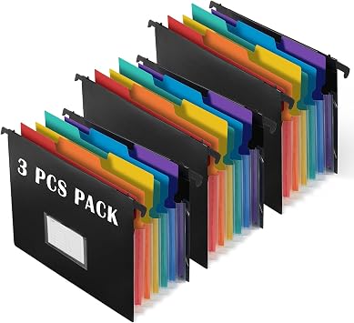 7-Pockets Hanging File Folder with Retractable Hooks for Filing Cabinet, Letter Size Expandable Accordion File Organizer with Elastic Band for File Frame or On-The-Go Use 3 Pack