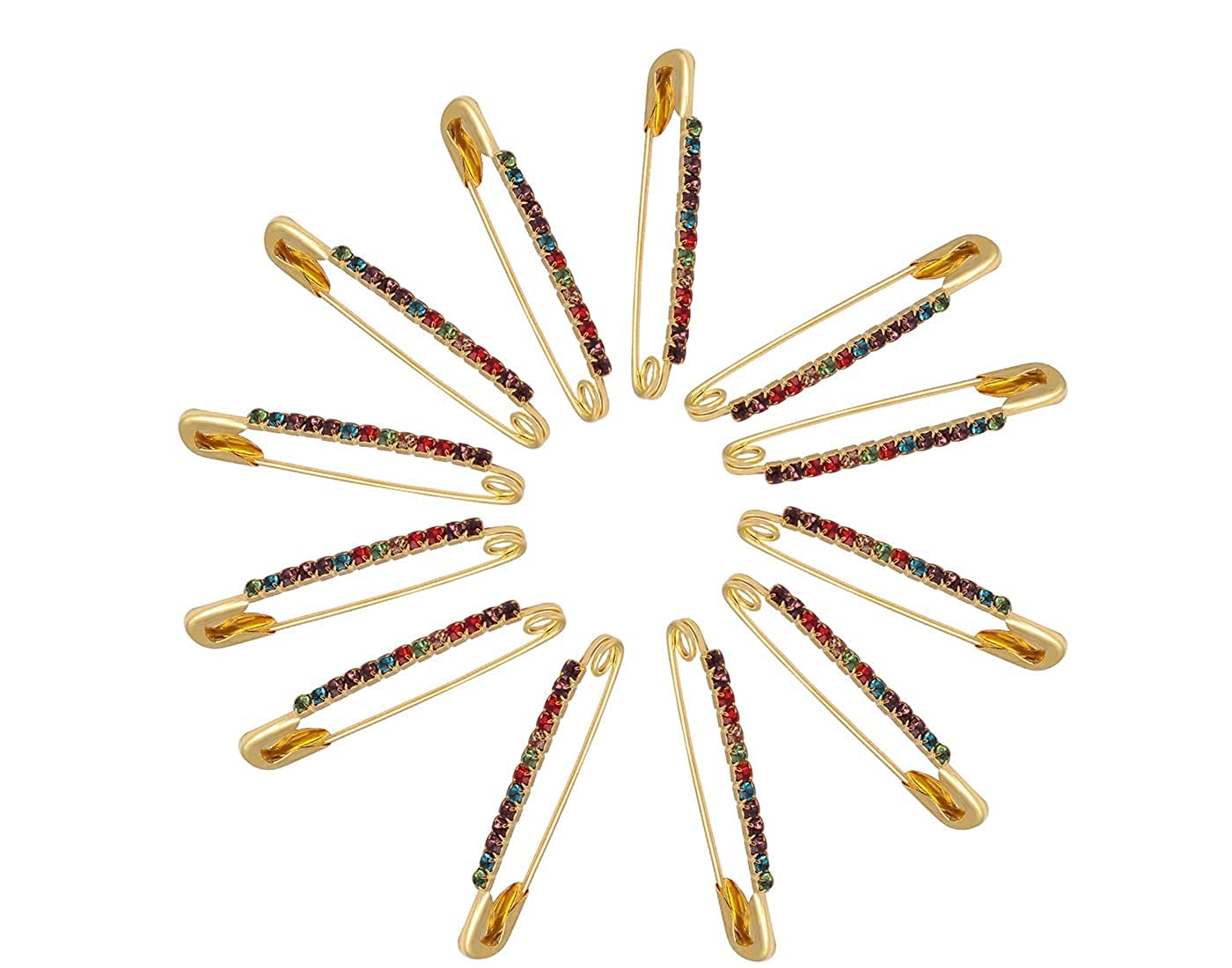 Colourful Saree/Safety Pins Brooch One Side of Safety Pin Decorated with Diamonds Set of 12,Decorative Safety Pins 1