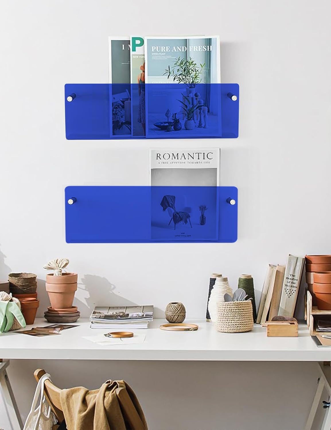 Porte Journaux Mural Acrylique Moderne, Étagère en Acrylique pour Livres, 2 Pièces, 50x15 cm - Bleu