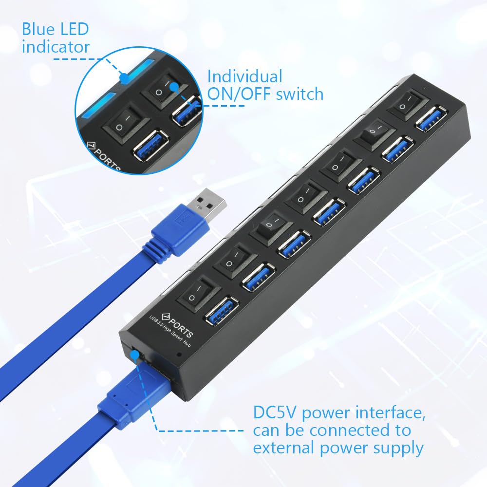 OFFCUP Hub USB 7 portów z zasilaczem, rozdzielaczem USB, aktywnym hubem USB 3.0+2.0 z indywidualnymi przełącznikami i wyświetlaczem LED, plug & play, do laptopów, komputerów MacBook i innych urzą