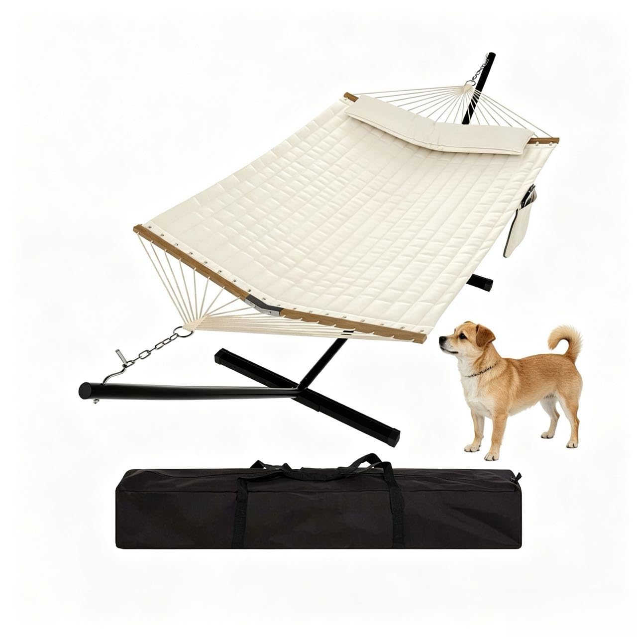 450Lbs Hammock with Stand, Garden Double Hammocks with Stable Metal Stand, Detachable Pillow, v Shaped Hardwood Spreader Bar for Indoor, Outdoor, Backyard, Beach, Beige