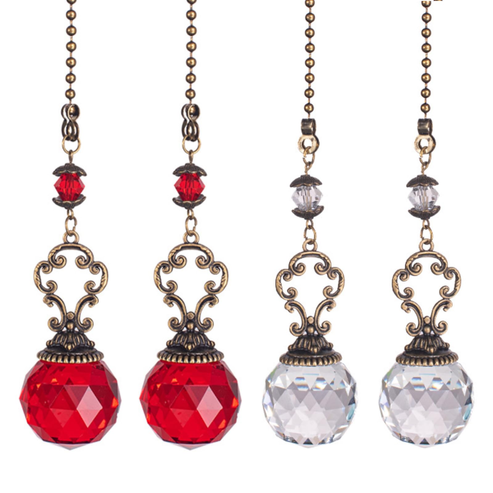 4PCS Ceiling Fan Pull Chain, Light Pull Chain Extension with Crystal Prism Ball, Decorative Fan Pull Chain, Fan Light Pull Chain/Blind Cord Pull (Red+Pink)