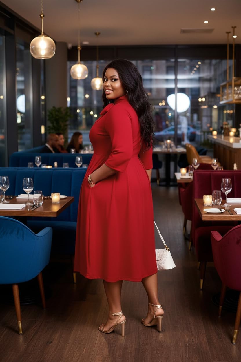 FANDEE Midi Dress for Women Casual 3/4 Sleeve Semi Formal Fit and Flare Dress Classy Tie Neck Work Business Dresses - Image 7