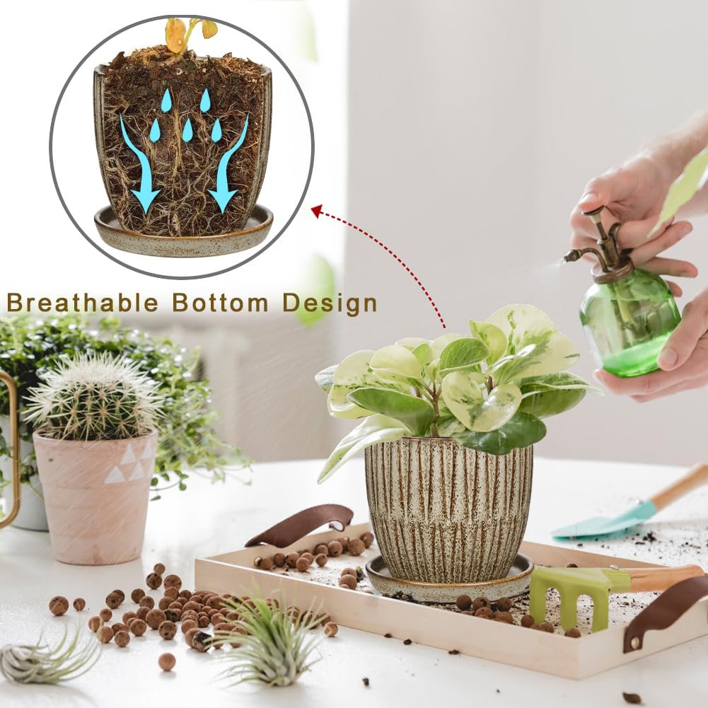 Oairse Ceramic Pots for Indoor Plants 4.7 +5.7 inch Pots for Plants Set of 2 Brown Plant Pots with Drainage Holes and Saucers Texture Ceramic Planters Indoor Outdoor Flower Pot for Succulent - Image 4