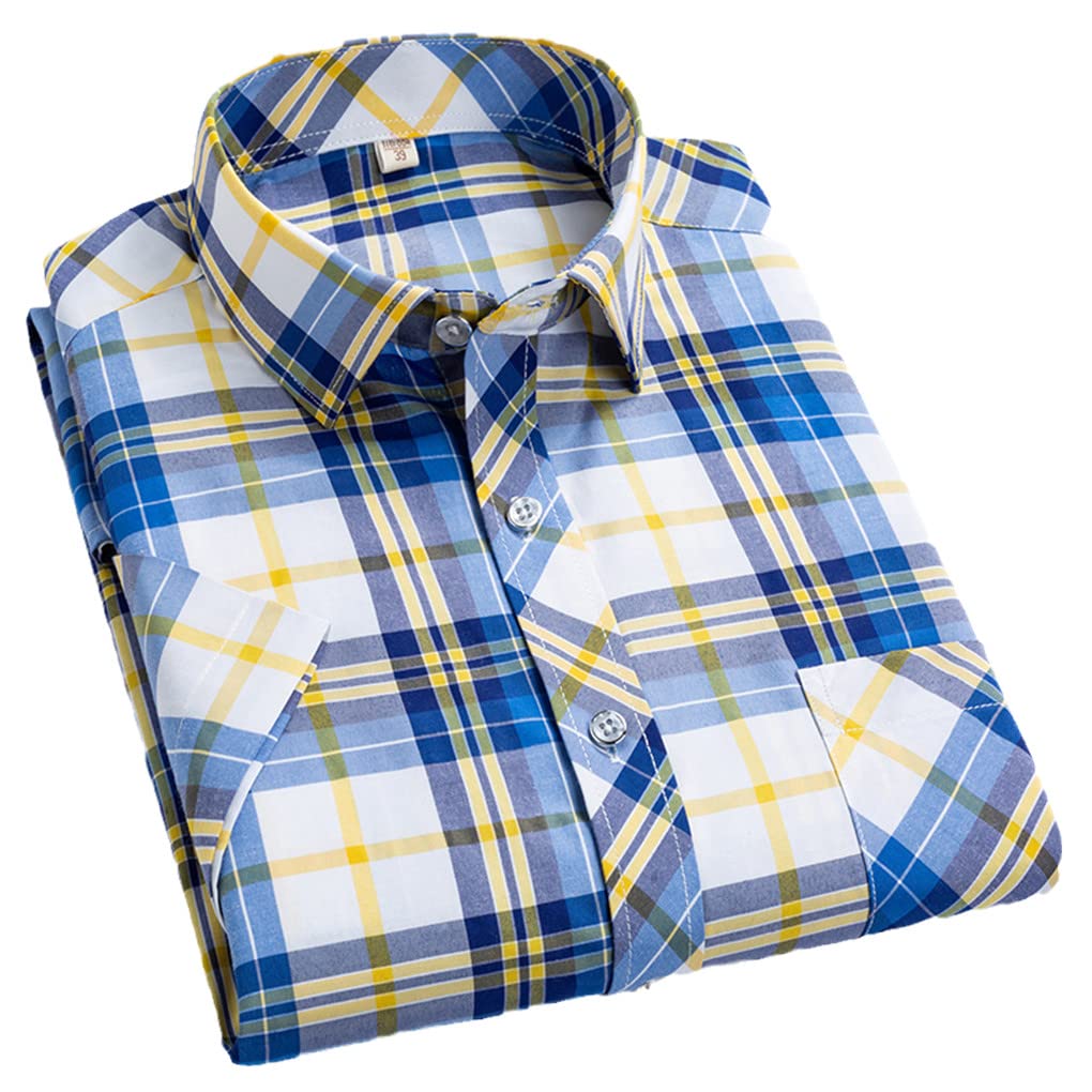 Dninmim Camisa de vestir de manga corta a cuadros para hombre, casual, social, suave, con botones