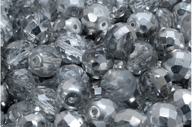 Outlet 10 Grams Faceted Round Fire Polished Beads, Crystal Crystal Silver Half Coating (00030-27001), Glass, Czech Republic