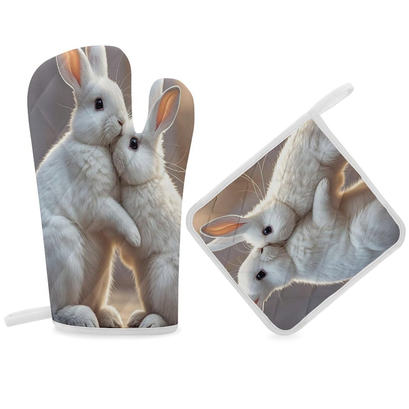 Bunny Hug Oven Mitt Gloves and Heat Insulation Pads Double-Layer Thickened Heat Insulation Mitt Temperature Oven Gloves for Cooking Baking Grilling