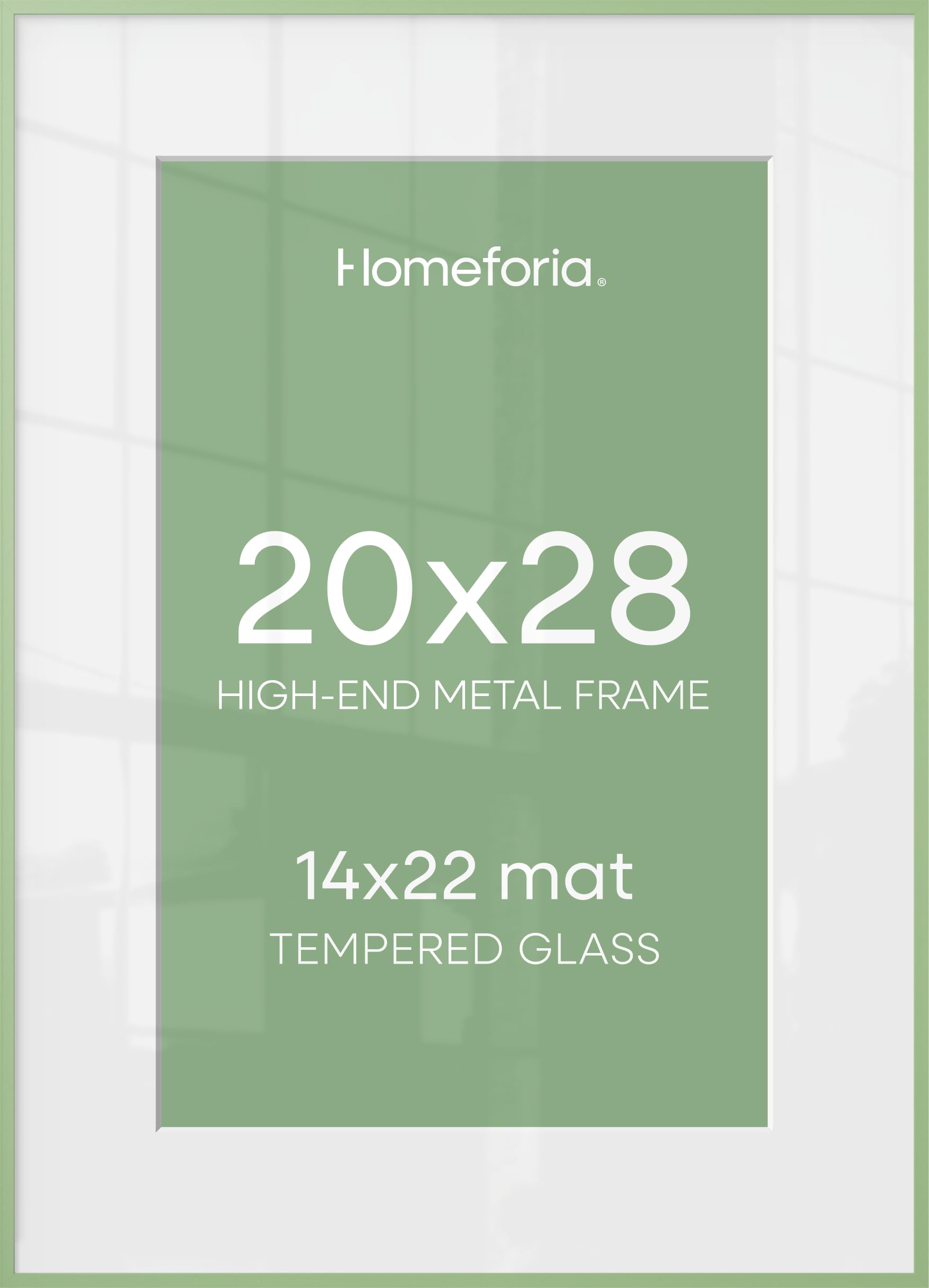 Homeforia 20x28 Frame Sage Green, High End Metal 20x28 Poster Frames with Mat 14x22 inch Photo, 20 x 28 Sage Green Picture Frame Matted to 14 by 22 Art, 28x20 Frame, Tempered Glass, Wall Kit, Set of 1