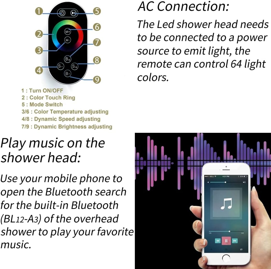 Image detailing the remote control functions and instructions for connecting to Bluetooth for music playback