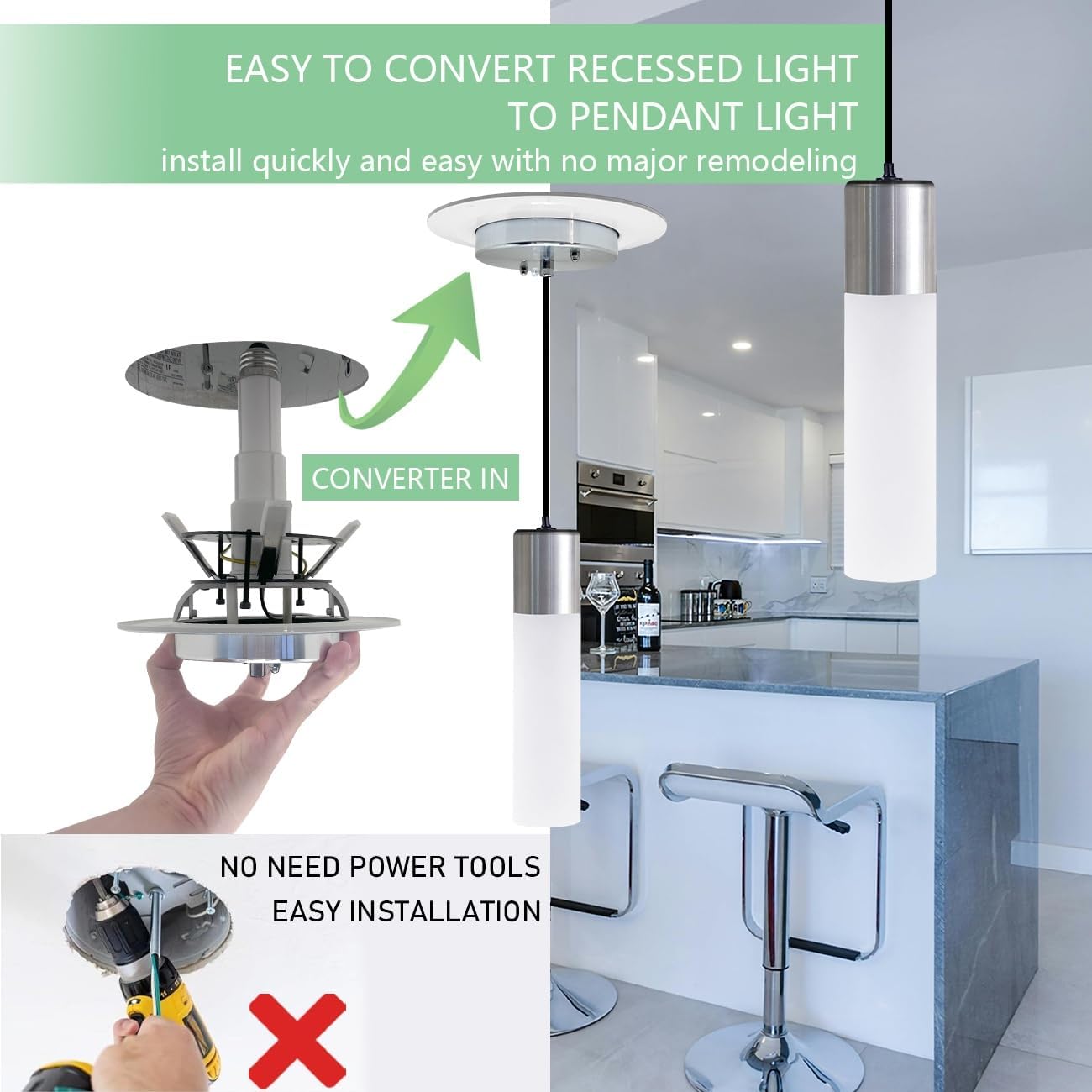 soliseed 5/6 inch recessed can light conversion kit,for ceiling light fixture,pendant light,ceiling fan compatible.instant convert to hanging light, chrome 2 pack chrome 2 count (pack of 1)