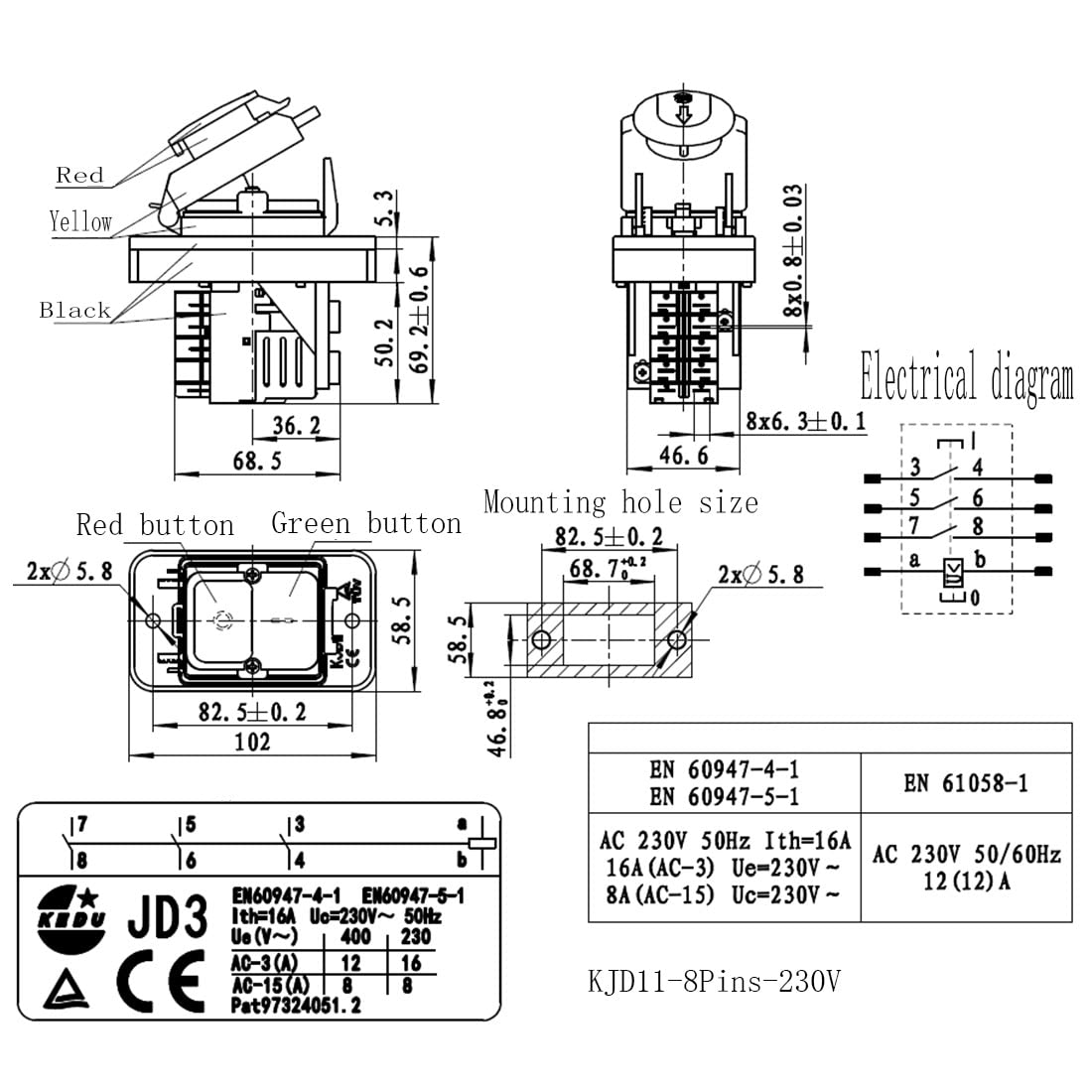 KEDU KJD11 - Interruptor de botón de 8 pines para interruptores electromagnéticos para máquinas de herramientas industriales JD3 AC 230 V 16 A 4NO