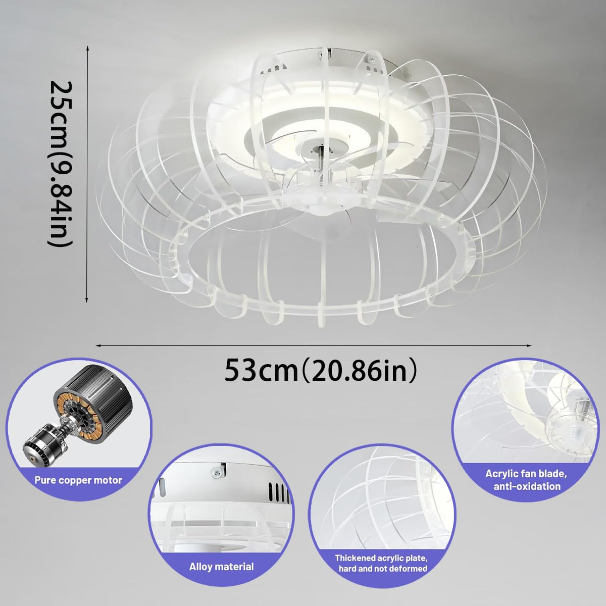 Ventilatore da soffitto silenzioso RGB con illuminazione, lampada da soffitto a LED con ventilatore e telecomando, dimmerabile, camera dei bambini, lampada con altoparlante Bluetooth, musica, lampada