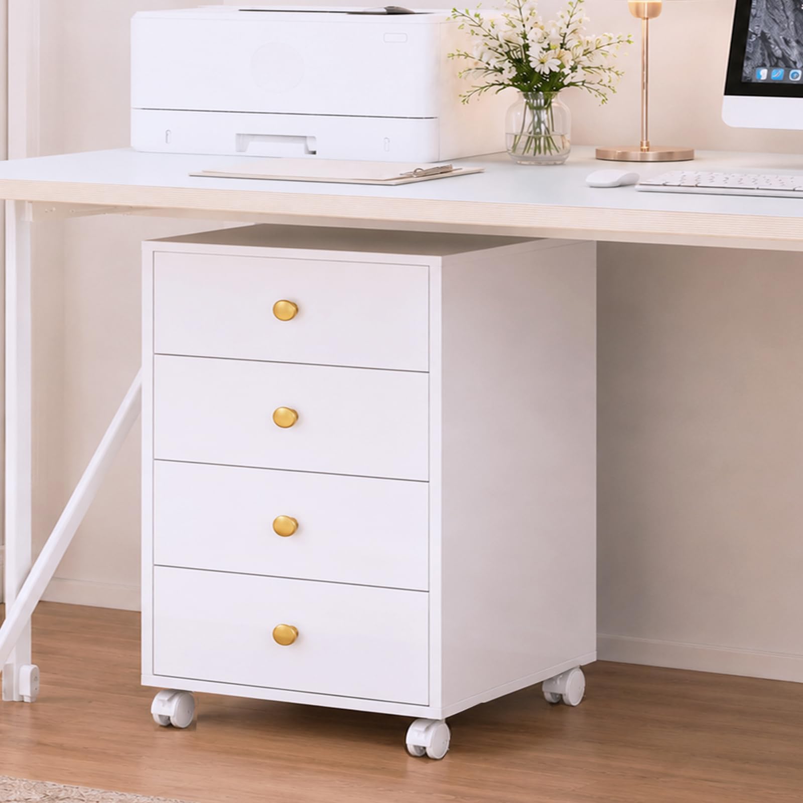 Rollcontainer mit 4 Schubladen, Mobiler Aktenschrank mit Rädern, Druckerständer, Aktenschrank mit Glasplatte, für Homeoffice, Büro, 40 x 30 x 50 cm, Weiß