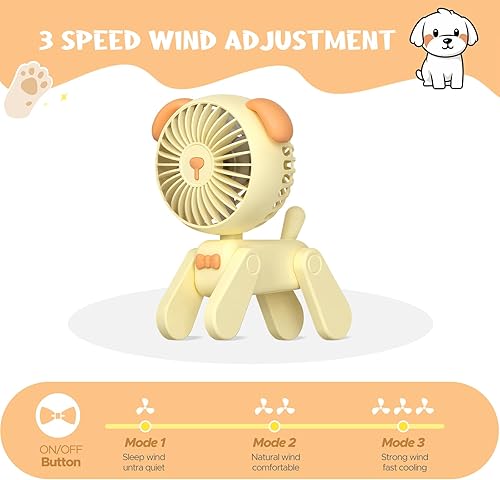 Miniatura 2 de QearFun Ventilador de escritorio pequeño de 7 pulgadas, batería recargable USB, lindo ventilador plegable para cachorros, ventilador personal con 3