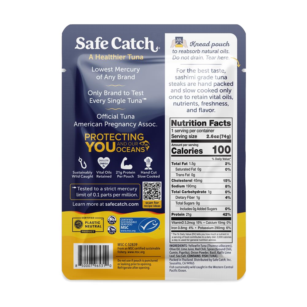 Safe Catch Spicy Wild Ahi Yellowfin Tuna Fish Pouch, Lowest Mercury, Lean Protein, Omega 3s, Non GMO, Paleo, Pack of 12 Pouches