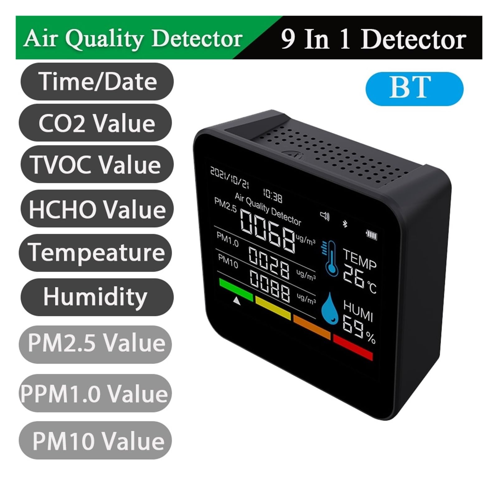 9in1 Misuratore di qualità 'aria CO2 Rilevatore anidride carbonica TVOC HCHO PM2.5 PM1.0 PM10 Tester umidità della temperatura Per cucina e camper