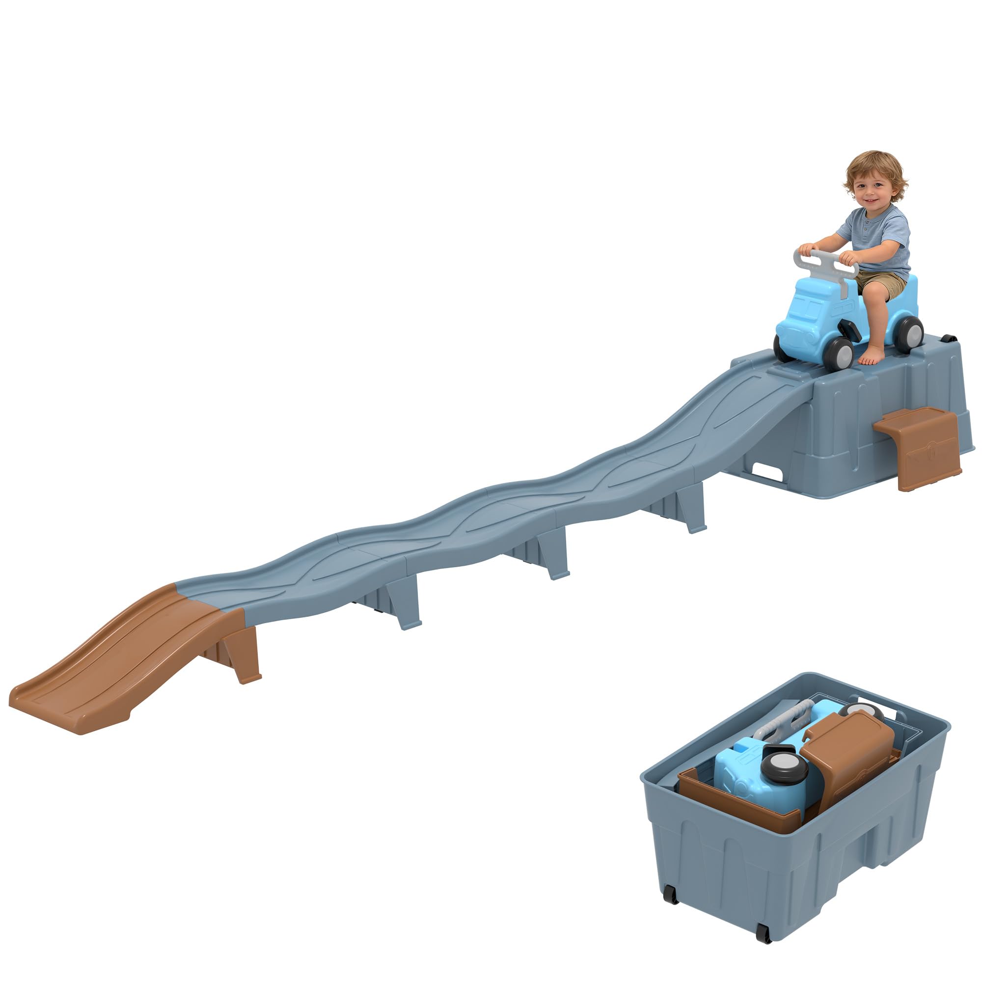 Toddler Up & Down Roller Coaster with Storage Box, 5 Piece Extra Long Track Ride On Toy for Kids 2+ Years, Indoor Outdoor Playset, Easy Setup Compact