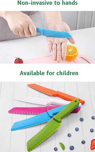 Miniatura 5 de Juego de 6 cuchillos de madera seguros para niños para cocina real, herramientas de cocina Montessori para niños, bordes dentados de plástico,