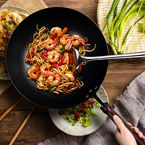 Cooking Wok Pan Nonstick, Hammered Wok and Stir Fry Pans with Wooden Handle, Frying Wok Carbon Steel Flat Bottom, Chinese Iron Pot for Cooking (12 Inch)