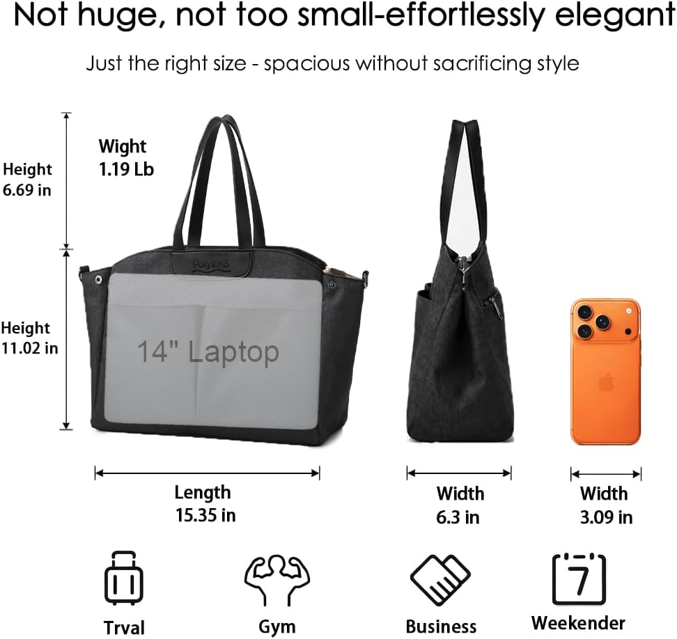 Large Tote Bag for Women, Lightweight Work Handbag with Cup Holder & Laptop Compartment, Spacious Travel Shoulder Bag for Office, Gym, College, Daily Commute (Heathered Black)
