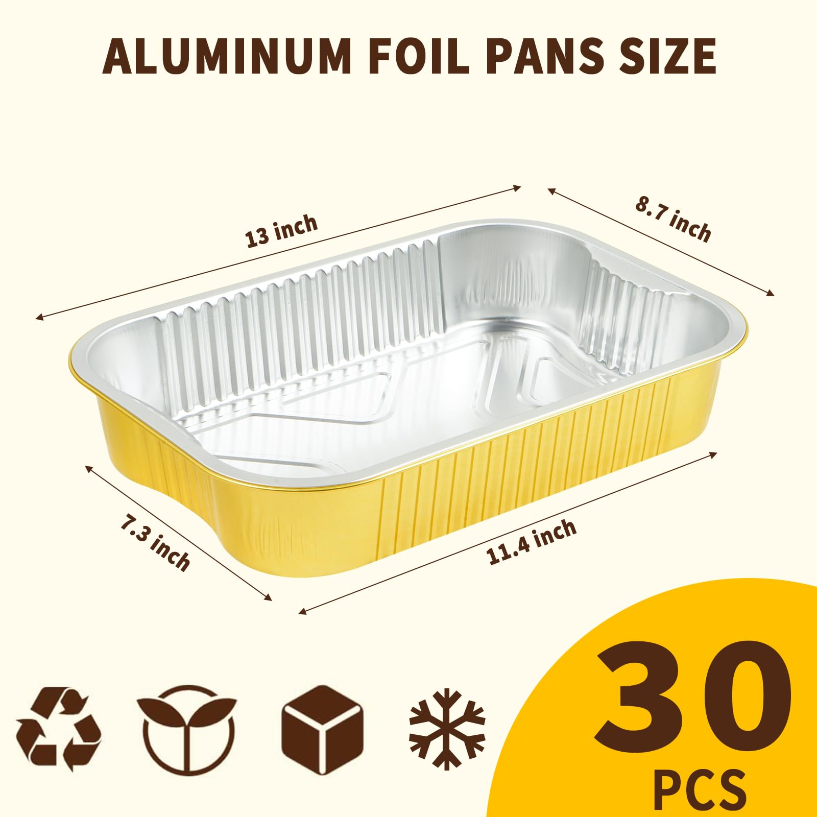 Paquete de 30 sartenes de aluminio de 9 x 13 pulgadas con tapas, tamaño medio, extra resistentes, de papel de aluminio dorado, contenedor de alimentos de doble grosor con tapas para hornear, asar,