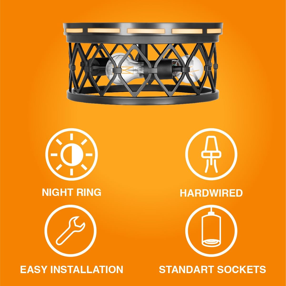 Sylvania 13" Flush/Semi-Flush Fixture with 90 Lm Integrated Nightlight, 3-Bulb Light, Hardwire, Indoor, Black Matte Finish - 1 Pack (63584)