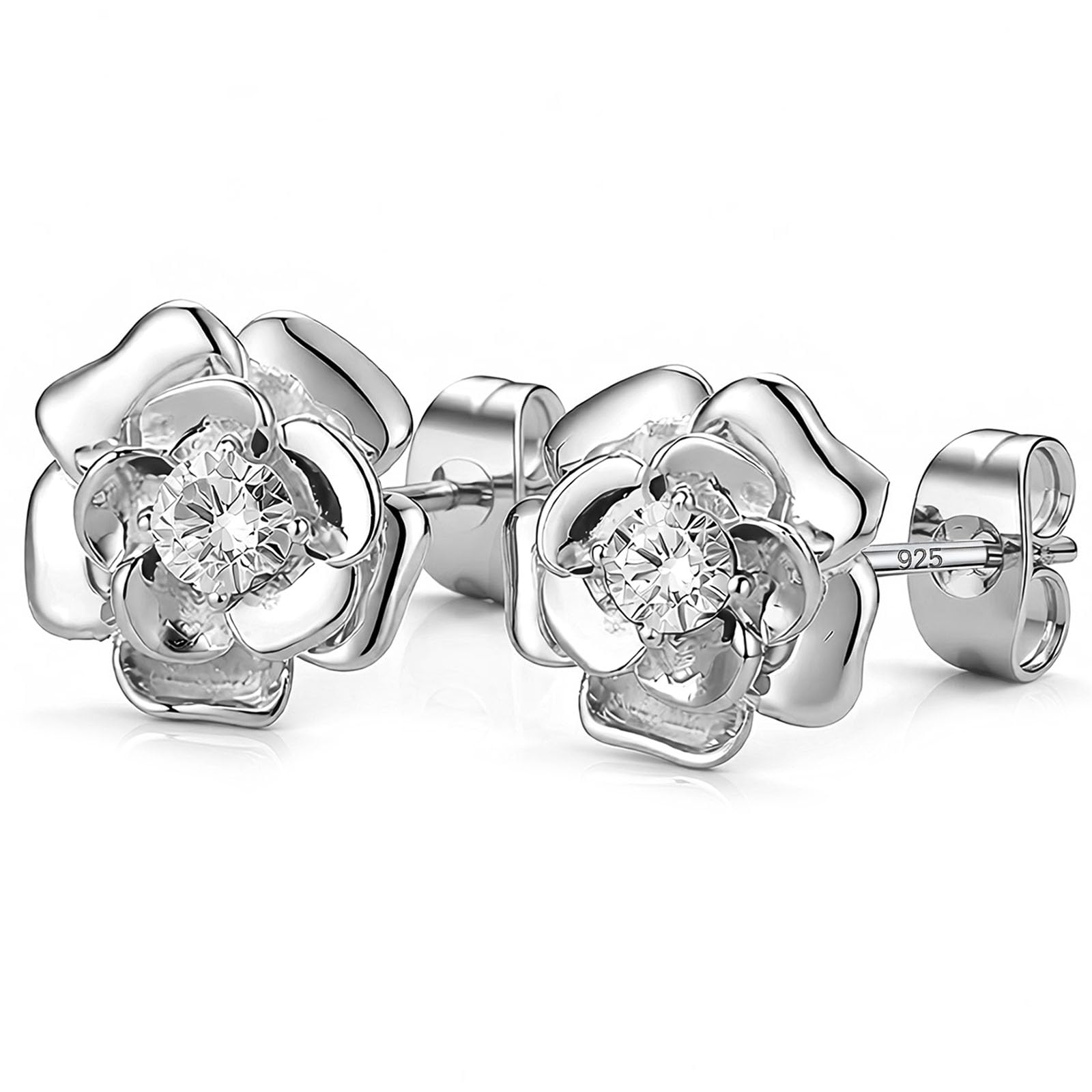 14K Gold Rose Flower Sterling Silver Stud Earrings For Women Dainty Rose Gold Pearl Earrings Hypoallergenic Earrings Cute Studs For Her Nickel Free