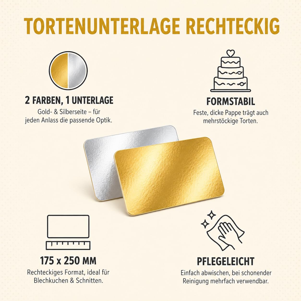 ZENIC | Tortenunterlage Rechteckig | 100 Stück | 175x250 mm | Gold & Silber