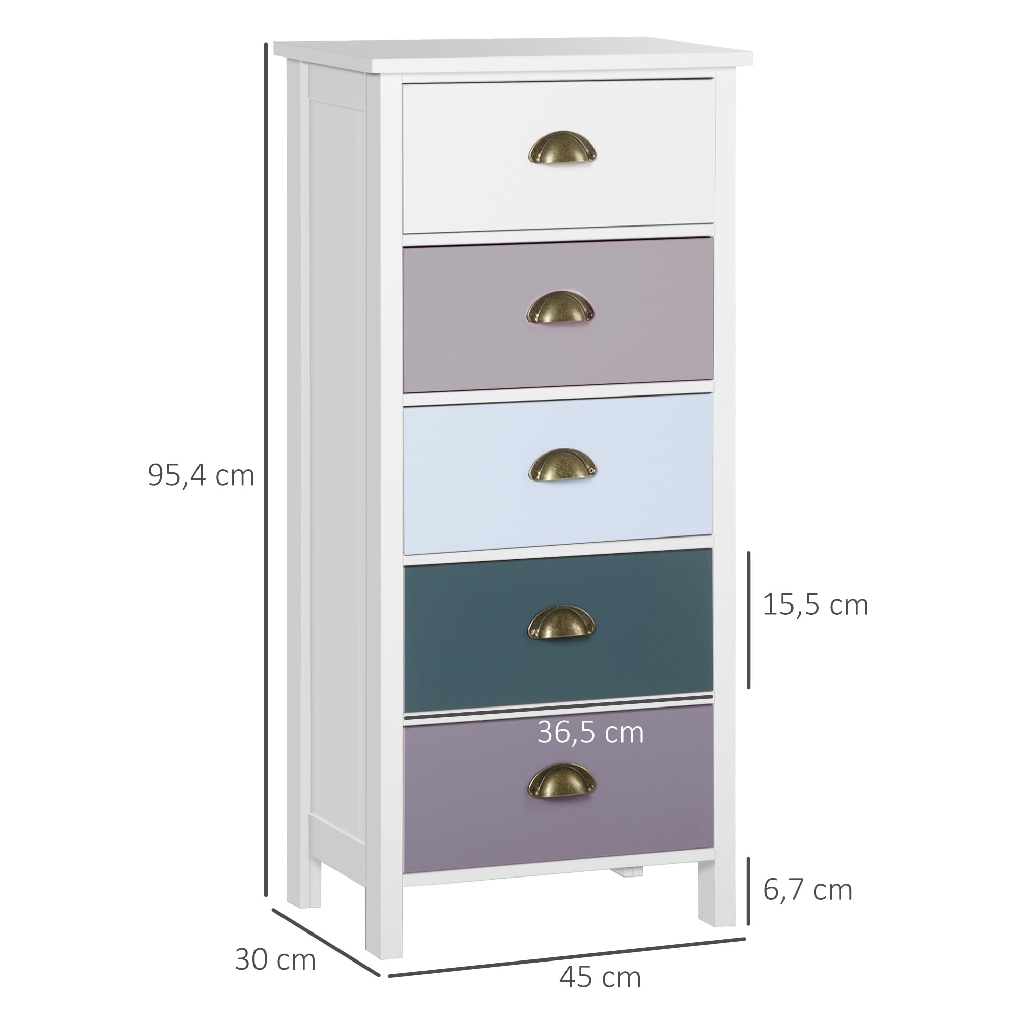 HOMCOM Chiffonnier Commode 5 tiroirs 45L x 30l x 95,4H cm Multicolores | Meuble de Rangement, Poignée Métal Coquille, MDF
