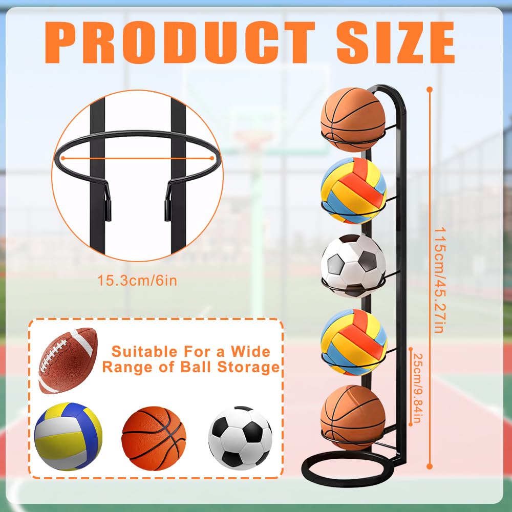 Support Ballon Foot, 5 Niveaux Rangement Ballon en Métal, Verticale Support Ballon Basket, Porte Ballon Basket Organiseur de Basket-Ball, Noir